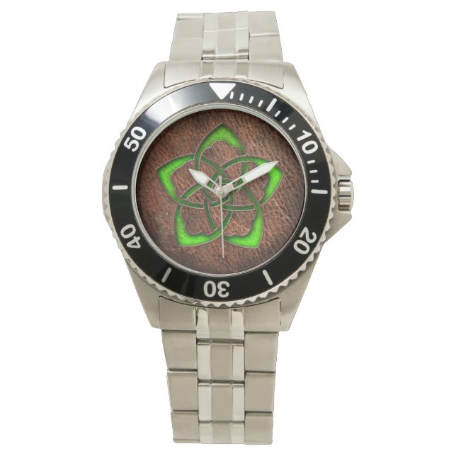 Celtic knot green flower on leather digital art watch (Front)