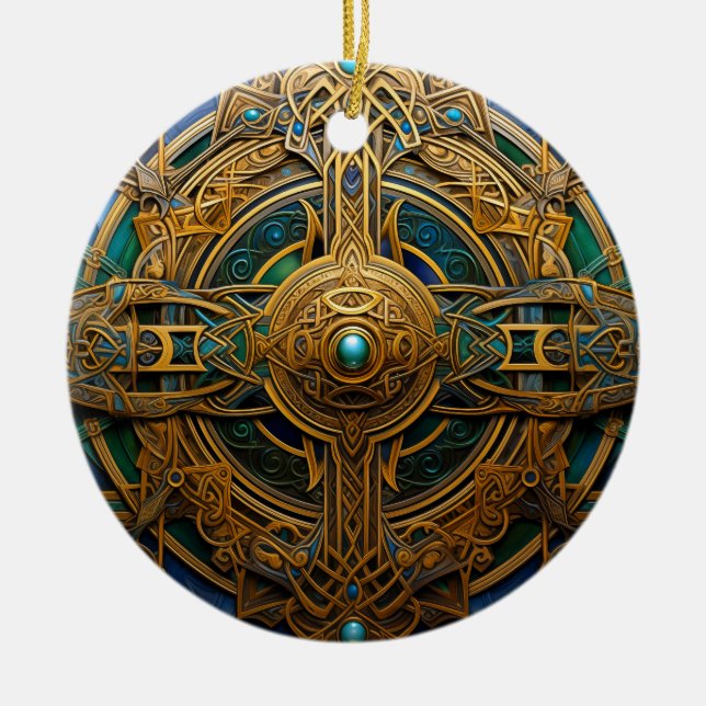 Celtic Knot Green Gold Knotwork Ceramic Ornament (Front)