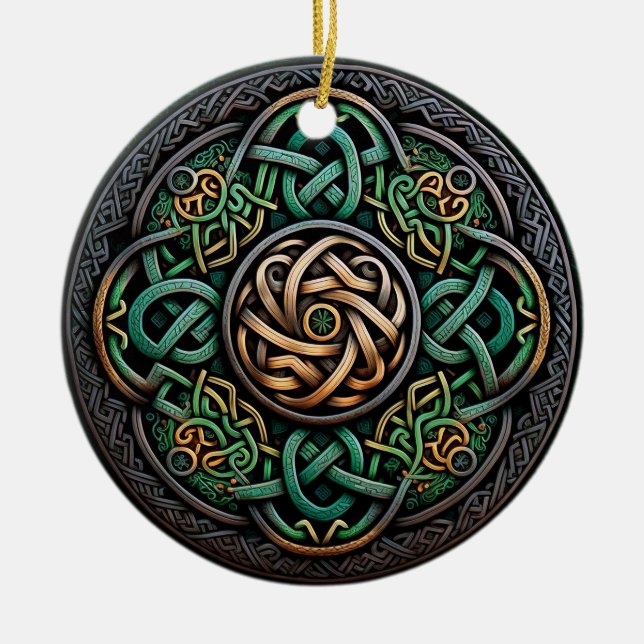 Celtic Knot Green Gold Knotwork Ceramic Ornament (Front)