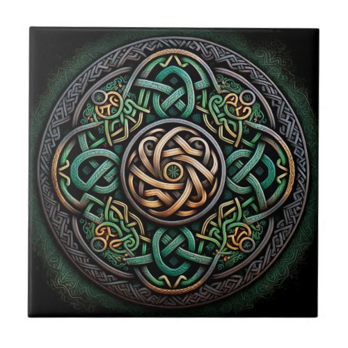 Celtic Knot Green Gold Knotwork Ceramic Tile