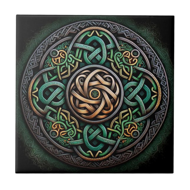 Celtic Knot Green Gold Knotwork Ceramic Tile (Front)
