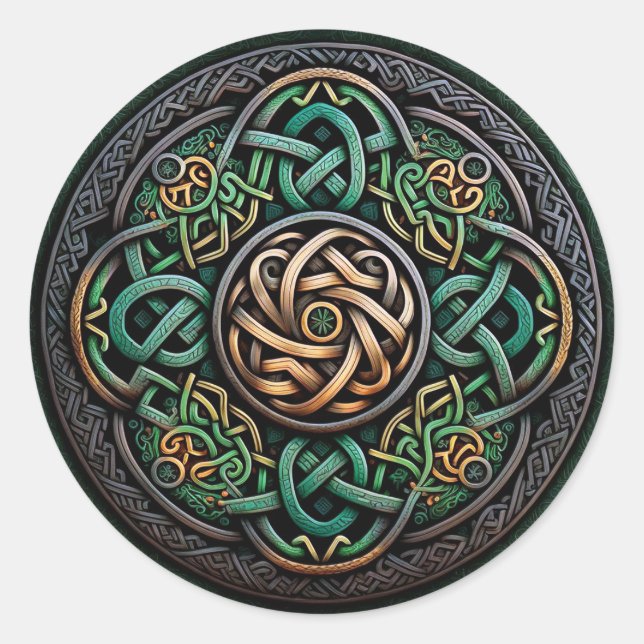 Celtic Knot Green Gold Knotwork Classic Round Sticker (Front)