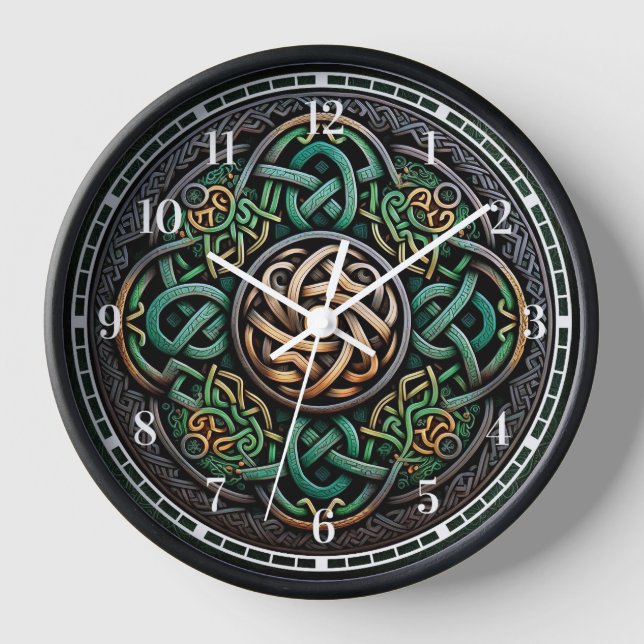 Celtic Knot Green Gold Knotwork Clock (Front)
