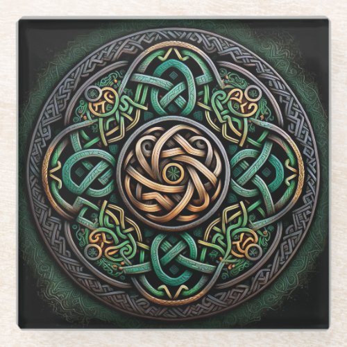 Celtic Knot Green Gold Knotwork Glass Coaster