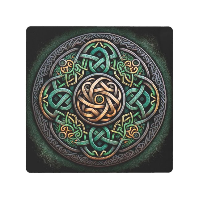 Celtic Knot Green Gold Knotwork Metal Print (Front)