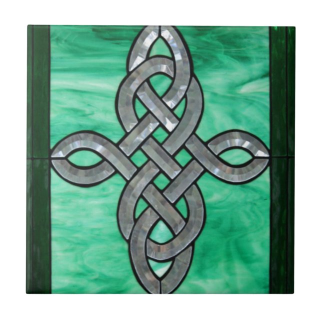 celtic knot green silver stained Glass Ceramic Tile (Front)