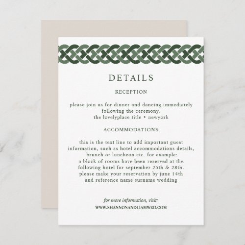 Celtic Knot  Green Wedding Information Guest Enclosure Card