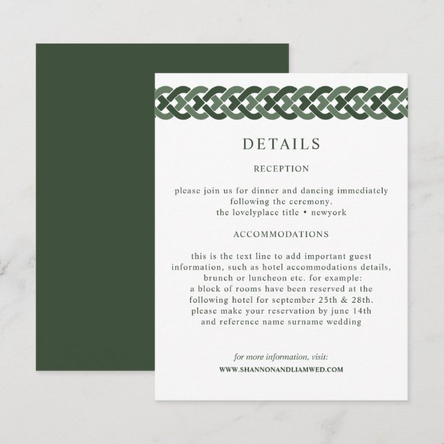 Celtic Knot | Green Wedding Information Guest Enclosure Card (Front/Back)