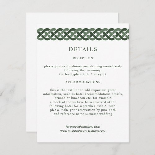 Celtic Knot  Green Wedding Information Guest Enclosure Card