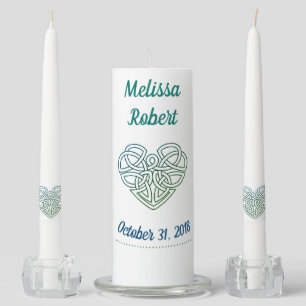 Celtic Knot Heart Green Blue Unity Candle Set