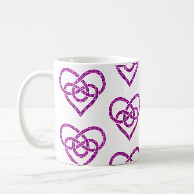 Celtic Knot Heart Shape Plaid Pink Purple Coffee Mug (Left)