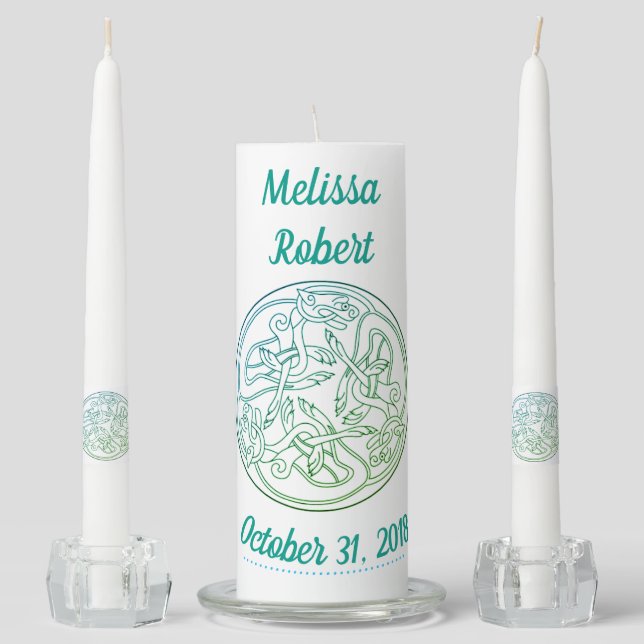Celtic Knot Hounds Green Blue Unity Candle Set (Front)