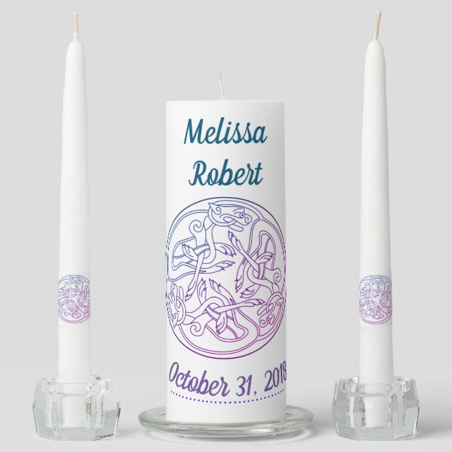 Celtic Knot Hounds Purple Blue Unity Candle Set (Front)