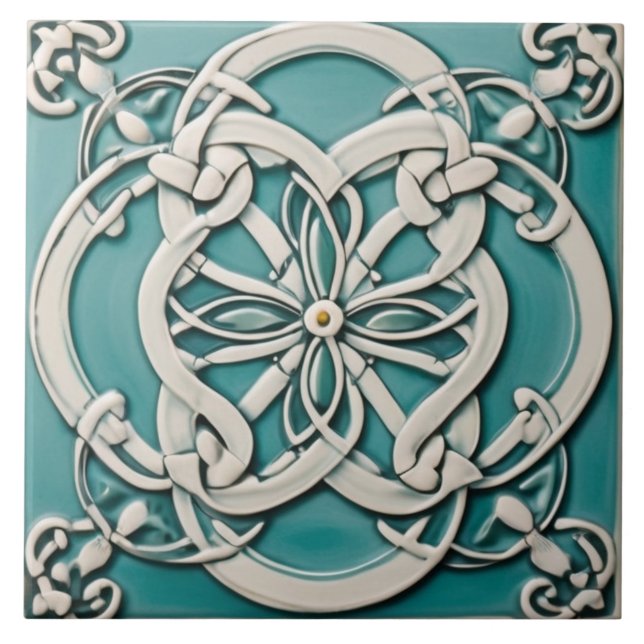 Celtic Knot Inspired Turquoise and White Flower Ceramic Tile (Front)