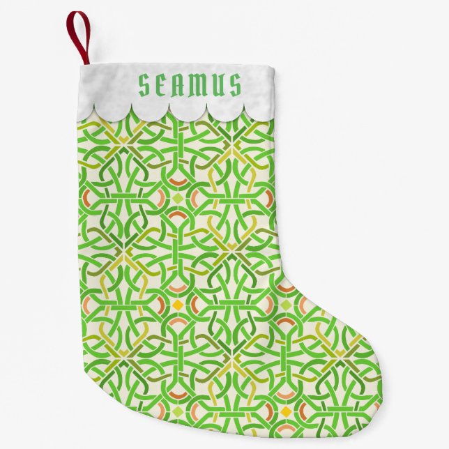 Celtic Knot Irish Braid Pattern Green Personalized Small Christmas Stocking (Front)