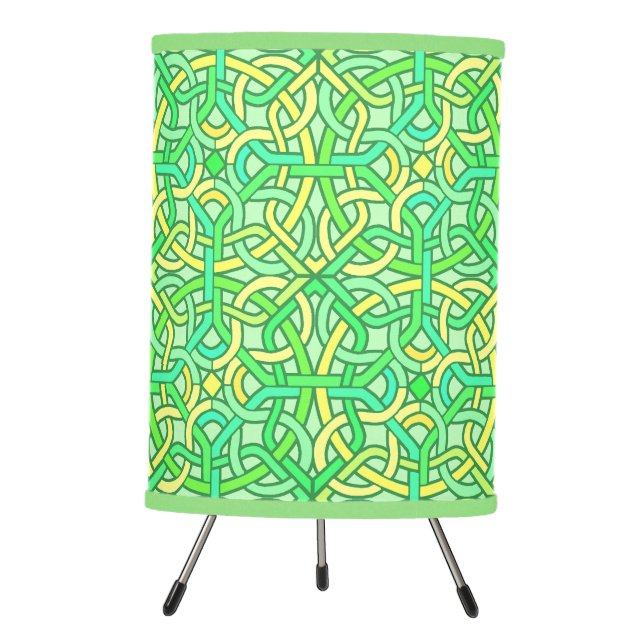 Celtic Knot Irish Braid Pattern Green Yellow Tripod Lamp (Front)