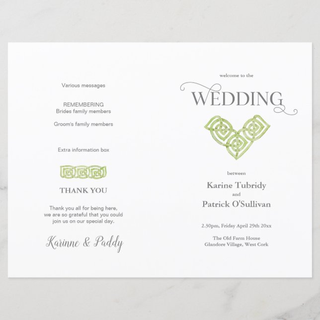 Celtic Knot Irish green wedding program    (Front)