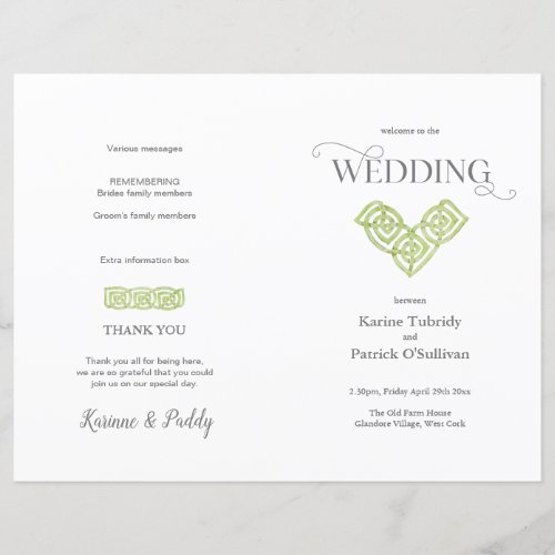 Celtic Knot Irish green wedding program   