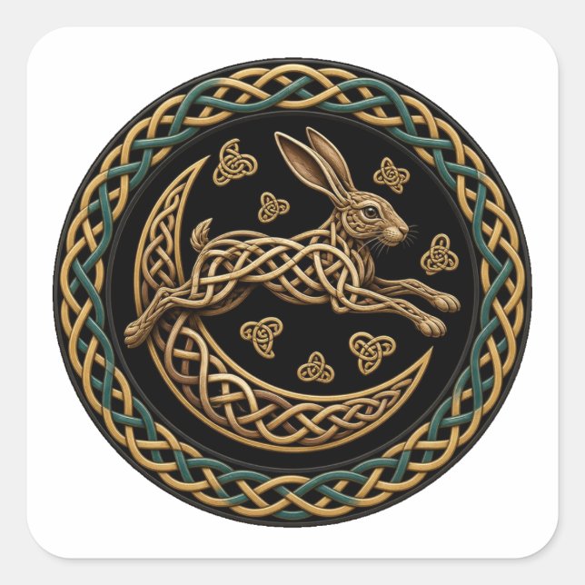Celtic Knot Leaping Moon Hare Square Sticker (Front)