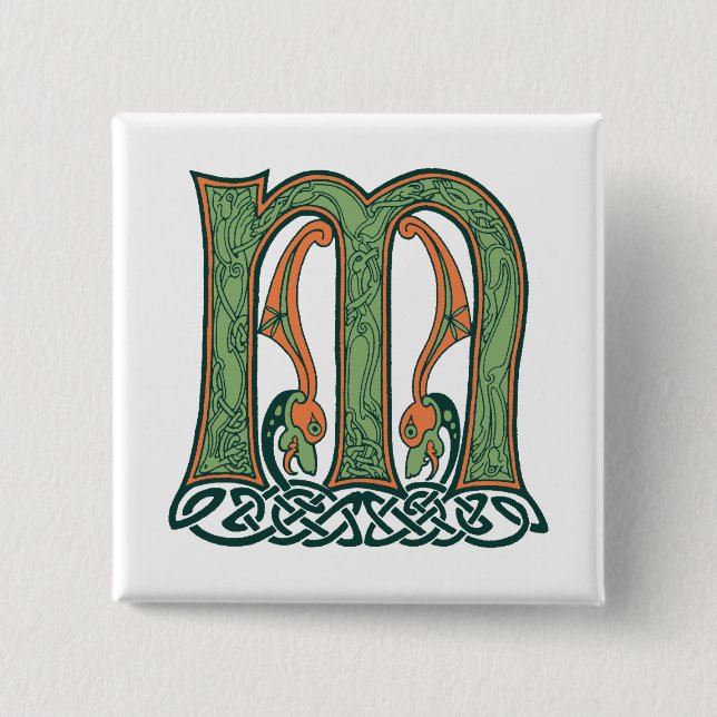 Celtic Knot Letter M, Irish Design Button (Front)