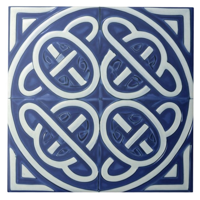 Celtic Knot Navy Blue and White Celtic Ceramic Tile (Front)