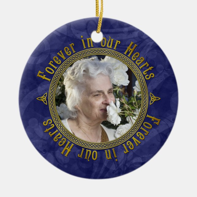 Celtic Knot Navy Blue Memorial Photo Christmas Ceramic Ornament (Front)