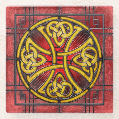 Celtic Knot on Red Stained_Glass Coaster
