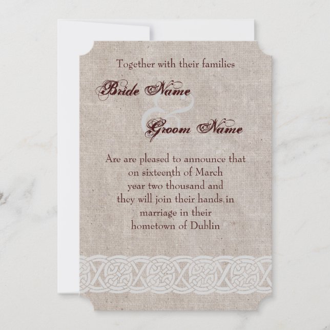 Celtic knot on rustic burlap irish traditional invitation (Front)