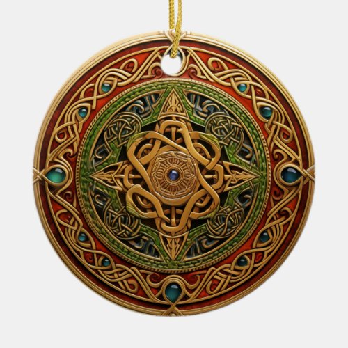 Celtic Knot Red Green Gold Knotwork Ceramic Ornament