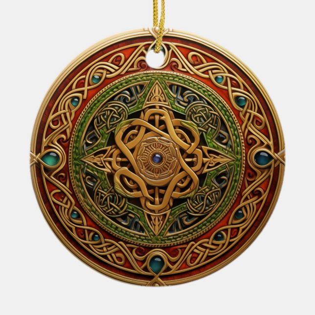 Celtic Knot Red Green Gold Knotwork Ceramic Ornament (Front)