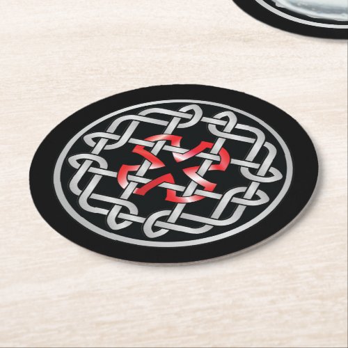 Celtic Knot Red Metallic Round Paper Coaster