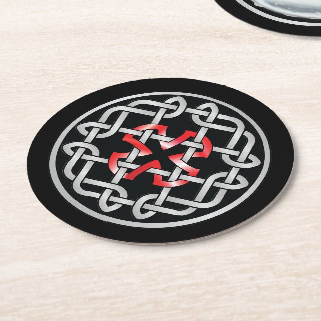 Celtic Knot Red Metallic Round Paper Coaster (Angled)