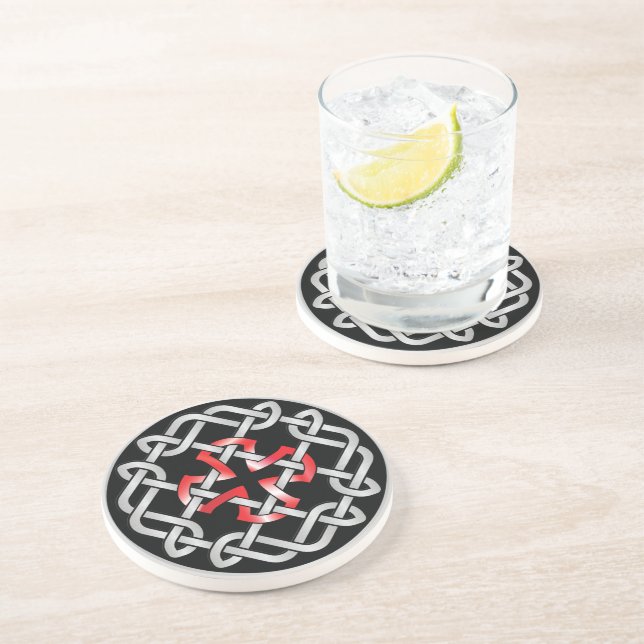 Celtic Knot Red Metallic Sandstone Drink Coaster (Side)