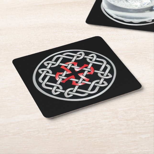 Celtic Knot Red Metallic Square Paper Coaster (Angled)