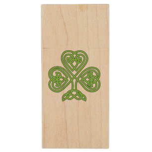 Celtic Knot Shamrock Green Wood Flash Drive
