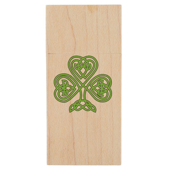 Celtic Knot Shamrock Green Wood Flash Drive (Front Vertical)