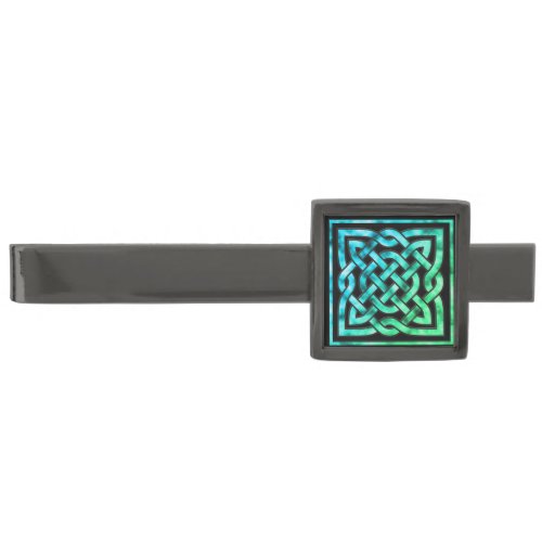 Celtic Knot _ Square Blue Green Gunmetal Finish Tie Bar