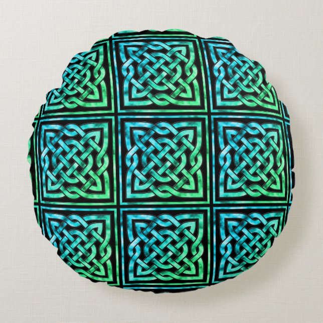 Celtic Knot - Square Blue Green Round Pillow (Front)