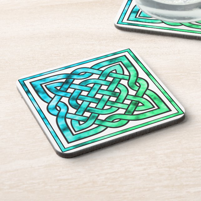 Celtic Knot - Square Blue Green White Beverage Coaster (Left Side)