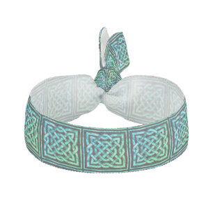 Celtic Knot - Square Tile Blue Green Ribbon Hair Tie