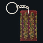 Celtic Knot Strips Keychain<br><div class="desc">Goldl Celtic knot decoration with ivy and red background.</div>