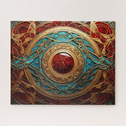 Celtic Knot Teal Red Gold Knotwork Jigsaw Puzzle