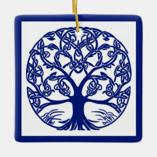 Celtic Knot Tree of Life Blue on White Ceramic Ornament
