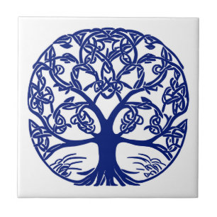 Celtic Knot Tree of Life Blue on White Ceramic Tile