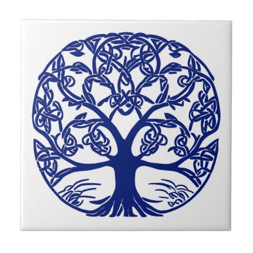 Celtic Knot Tree of Life Blue on White Ceramic Tile