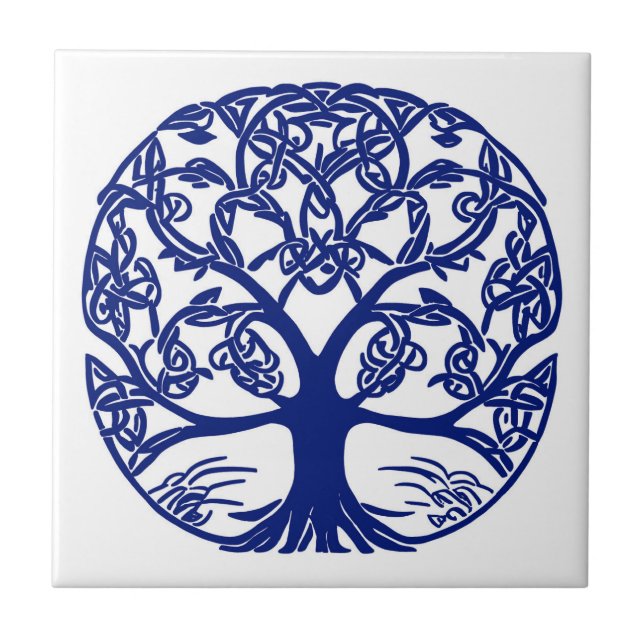 Celtic Knot Tree of Life Blue on White Ceramic Tile (Front)