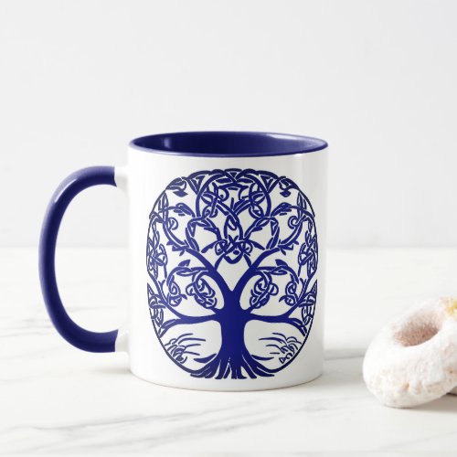 Celtic Knot Tree of Life Blue on White Mug