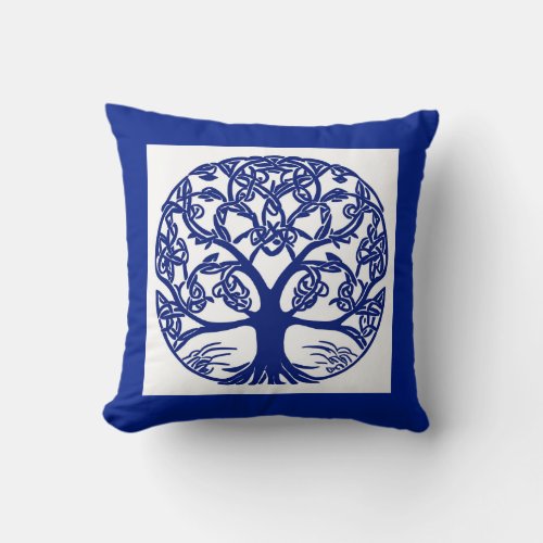 Celtic Knot Tree of Life Blue on White Throw Pillow
