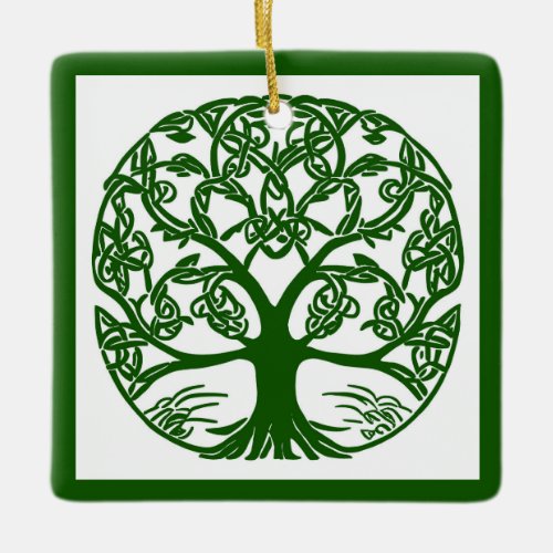 Celtic Knot Tree of Life Green on White Ceramic Ornament