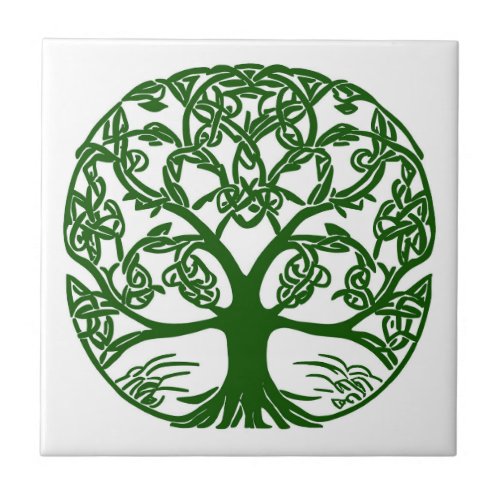 Celtic Knot Tree of Life Green on White Ceramic Tile